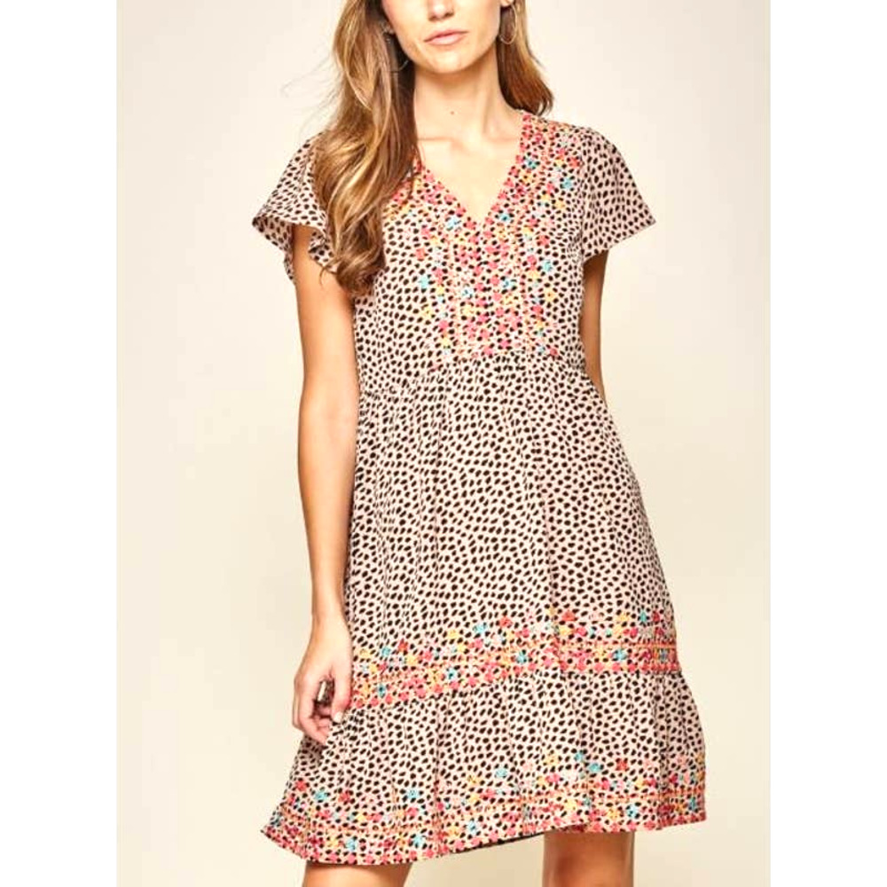 Savanna Jane Mocha Leopard Dress Womens Size Large Embroidered Flutter Sleeves